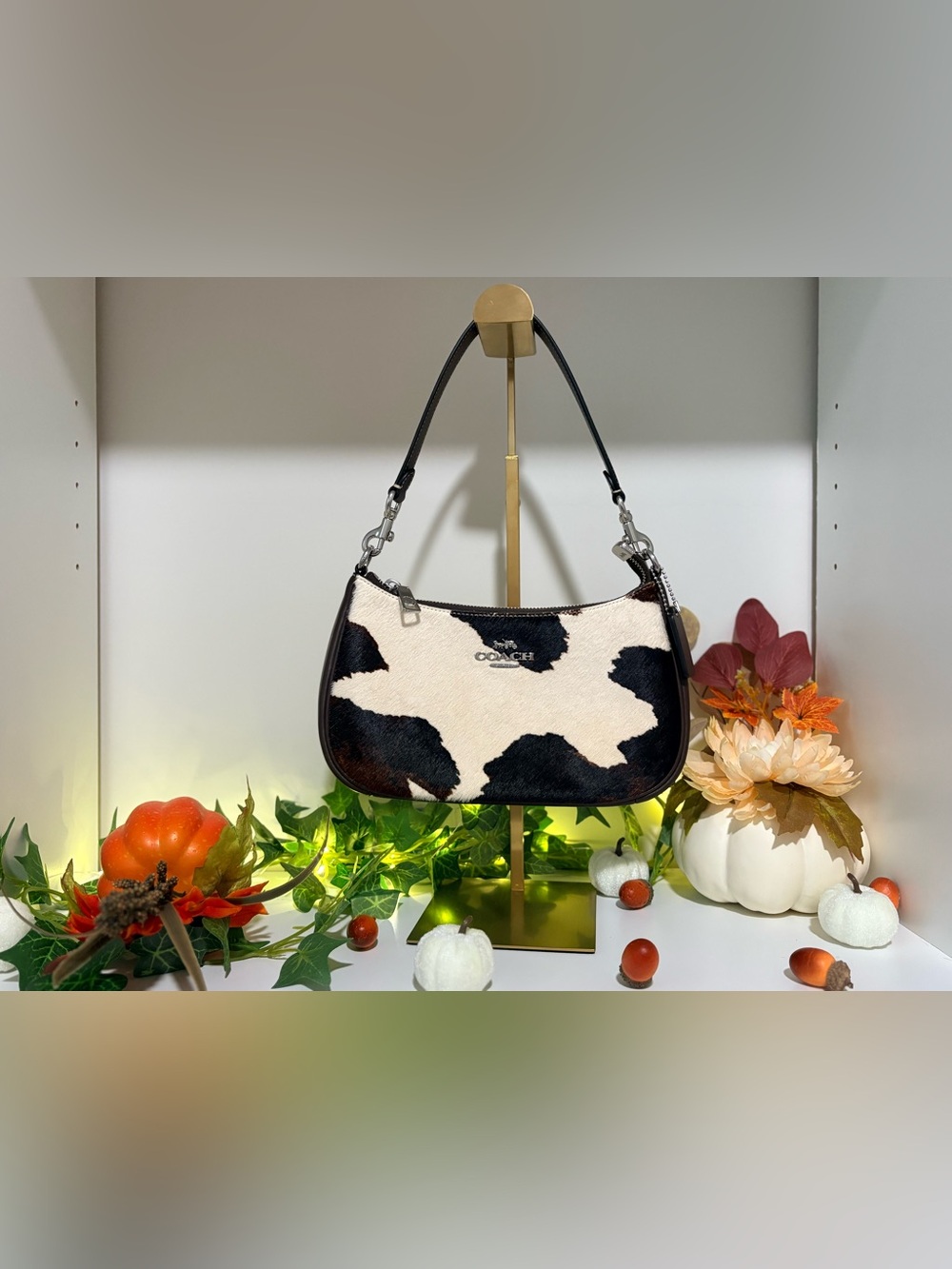 Coach Black and White Cow Print Teri Shoulder Bag